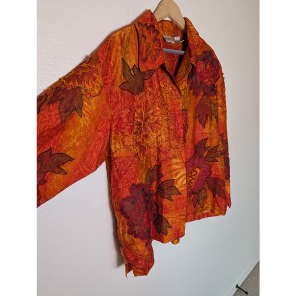 Chico’s Silk Organza Rust Orange Autumn Floral Button Up Top Women L Sz 2 Artsy - Picture 3 of 14